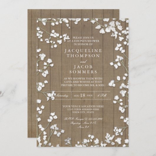 Rustikale Landpaare Duschkabine Gipskraut Kranz Einladung (Vorne/Hinten)