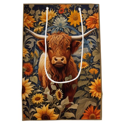 Rustikale Landschaft Hochland Kuh Sonnenblumen Mittlere Geschenktüte (Rückseite)
