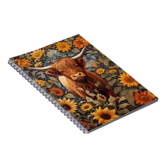 Rustikale Landschaft Hochland Kuh Sonnenblumen Notizblock (Rechte Seite)