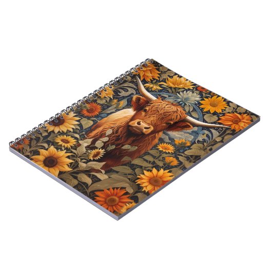 Rustikale Landschaft Hochland Kuh Sonnenblumen Notizblock (Linke Seite)