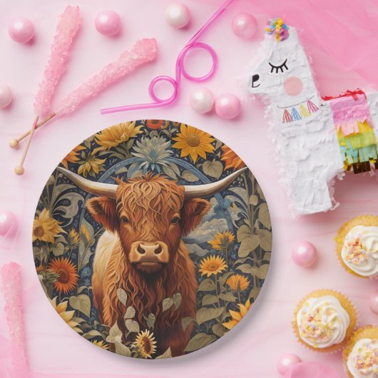 Rustikale Landschaft Hochland Kuh Sonnenblumen Pappteller (Party)
