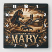 Rustikale Landschaft mit Pferd und Stall Quadratische Wanduhr (Vorderseite)