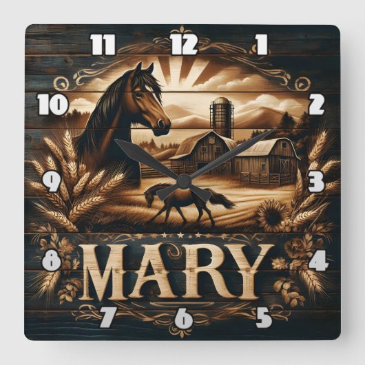 Rustikale Landschaft mit Pferd und Stall Quadratische Wanduhr (Vorderseite)