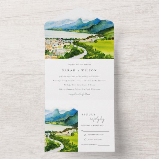 Rustikale Landschaft Seebad Landschaft Hochzeit All In One Einladung (Innen Boden)