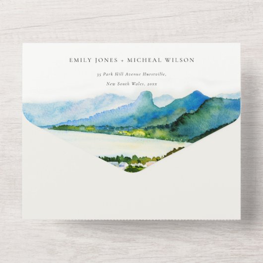 Rustikale Landschaft Seebad Landschaft Hochzeit All In One Einladung (Rückseite)