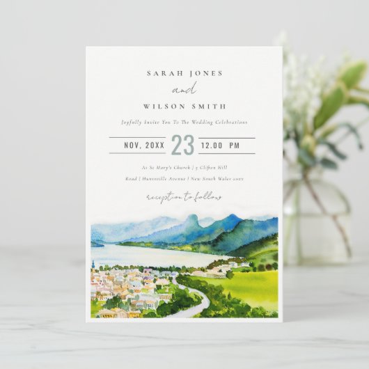 Rustikale Landschaft Seebad Landschaft Hochzeit Einladung (Stehend Vorderseite)