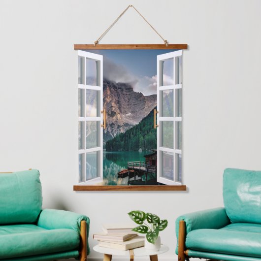 Rustikale Landschaft Seehaus Aussicht Wandteppich Mit Holzrahmen (Wohnzimmer)