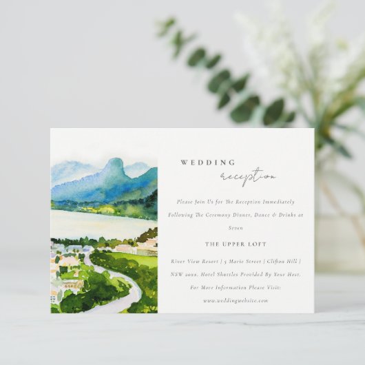 Rustikale Landschaft Village Hochzeitsempfang Begleitkarte (Stehend Vorderseite)