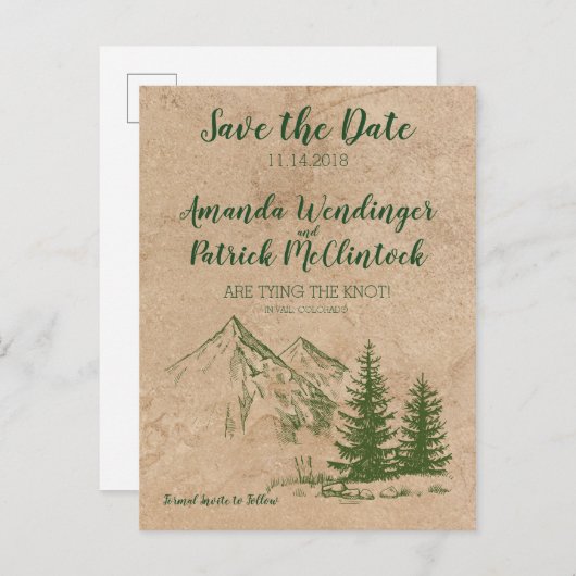 Rustikale Landschaftliche Berge Save the Date Post Ankündigungspostkarte (Vorne/Hinten)