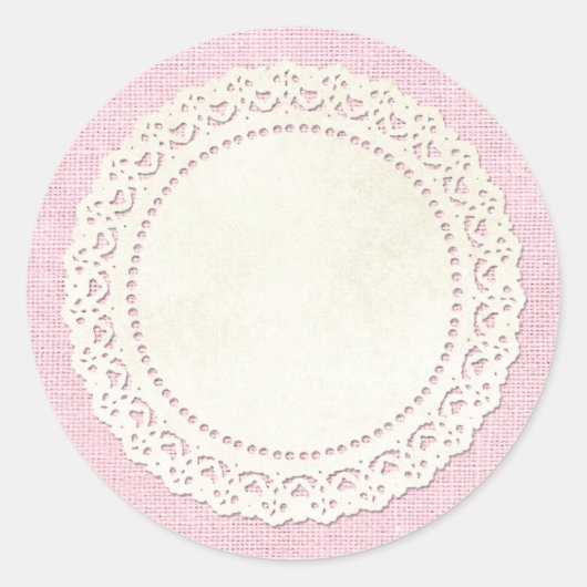 Rustikale Landspitze Doily auf Shabby Pink Burlap Runder Aufkleber (Vorderseite)
