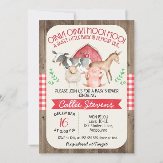 Rustikale Landtiere Kinderdusche Einladung (Vorderseite)