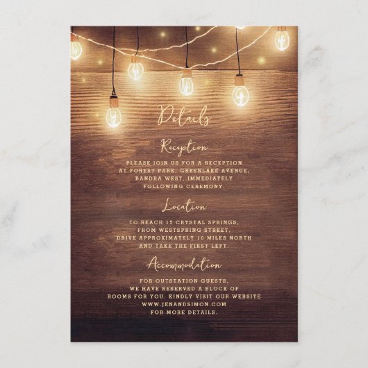 Rustikale Landwaldlichter Hochzeitsdetails Begleitkarte (Vorderseite)