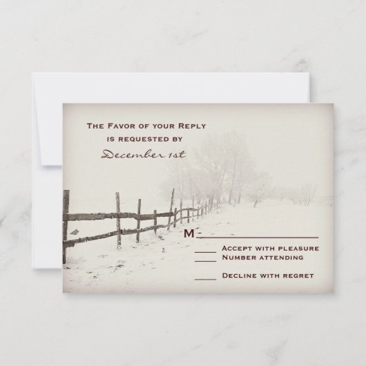 Rustikale Landzaun Winter Hochzeit RSVP Karten (Rückseite)