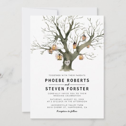 Rustikale Lanterns Carved Oak Tree Wedding Einladung (Vorderseite)
