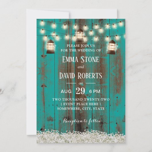 Rustikale Lanterns & Gipskraut Aquamarine Stallhoc Einladung (Vorderseite)