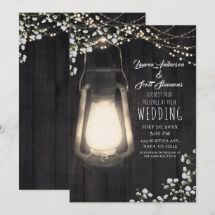 Rustikale Laterne Baby-Breath und Lichter Hochzeit Einladung