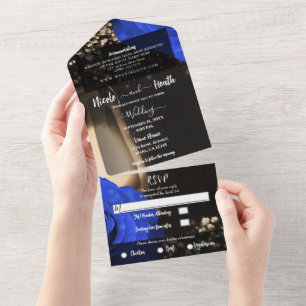 Rustikale Laterne & Blaue Rosen Hochzeit + RSVP  All In One Einladung