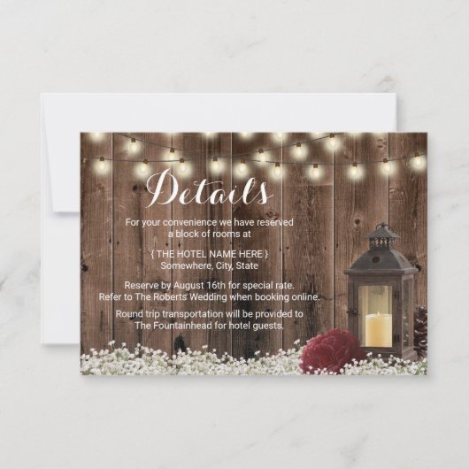 Rustikale Laterne & Burgunder Blume Hochzeitsdetai Einladung (Vorderseite)