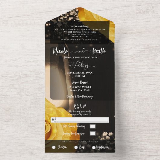 Rustikale Laterne & Gelbe Rosen Hochzeit + UAWG All In One Einladung (Innen Boden)