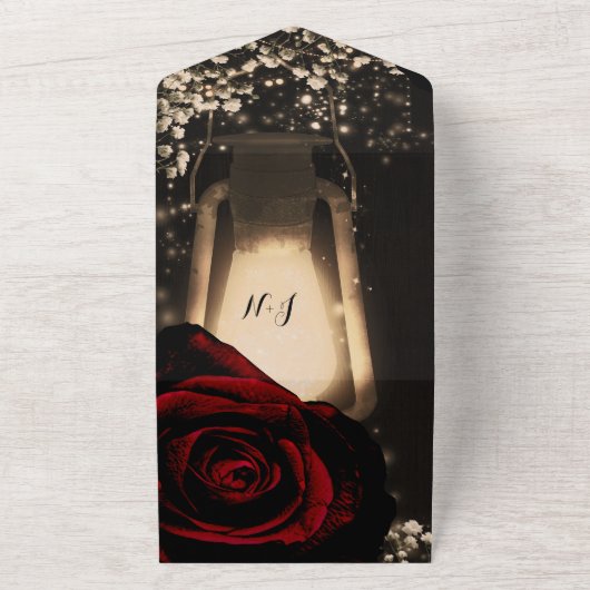 Rustikale Laterne & Glam Rote Rosen Hochzeit + UAW All In One Einladung (Außenbereich)