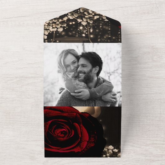 Rustikale Laterne & Glam Rote Rosen Hochzeit + UAW All In One Einladung (Außenbereich)