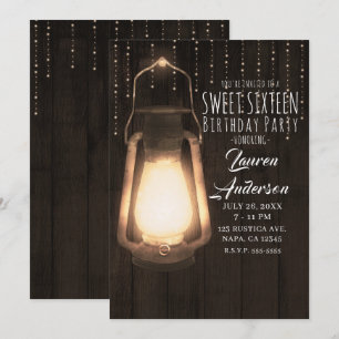 Rustikale Laterne & Lights Brown Wood Sweet 16 Par Einladung