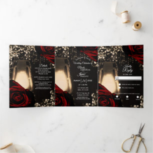 Rustikale Laterne Rote Rosen Trifold Hochzeitsprog Dreifach Gefaltete Einladung