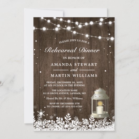 Rustikale Laterne Snowflakes Winterabend Probe Einladung (Vorderseite)