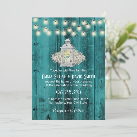 Rustikale Laterne & String Lights Aquamarine Barn Einladung (Stehend Vorderseite)