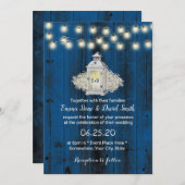 Rustikale Laterne & String Lights Blue Barn Weddin Einladung (Vorne/Hinten)