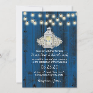 Rustikale Laterne & String Lights Blue Barn Weddin Einladung