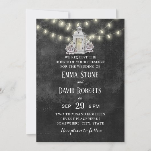Rustikale Laterne & String Lights Chalkbaord Hochz Einladung (Vorderseite)