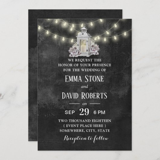 Rustikale Laterne & String Lights Chalkbaord Hochz Einladung (Vorne/Hinten)