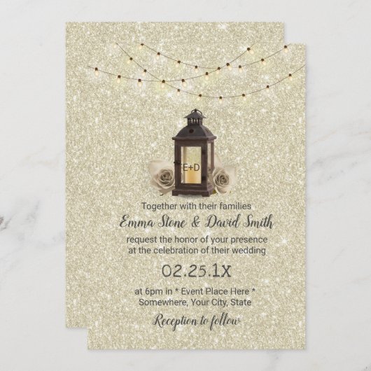 Rustikale Laterne & String Lights Moderne Hochzeit Einladung (Vorne/Hinten)