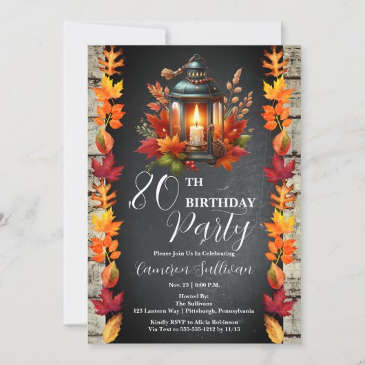 Rustikale Laterne und Blätter Herbst 80. Geburtsta Einladung (Vorderseite)