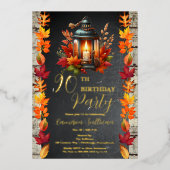 Rustikale Laterne und Blätter Herbst 90. Geburtsta Folieneinladung (Vorderseite)