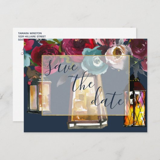 Rustikale Laternen-Burgunder-Marine Save the Date Ankündigungspostkarte (Vorne/Hinten)