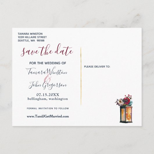 Rustikale Laternen-Burgunder-Marine Save the Date Ankündigungspostkarte (Rückseite)