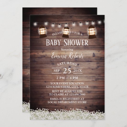 Rustikale Laternen & String Lights Blumendusche Einladung (Vorne/Hinten)