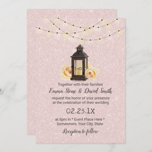 Rustikale Laternengläser und Streichellichter Rosa Einladung (Vorne/Hinten)