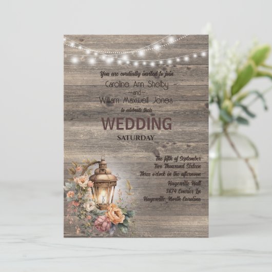 Rustikale Laternenholzmauer Einladung (Stehend Vorderseite)