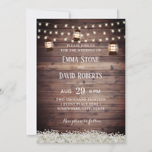 Rustikale Laternenlichter Gipskraut Hochzeit Einladung (Vorderseite)