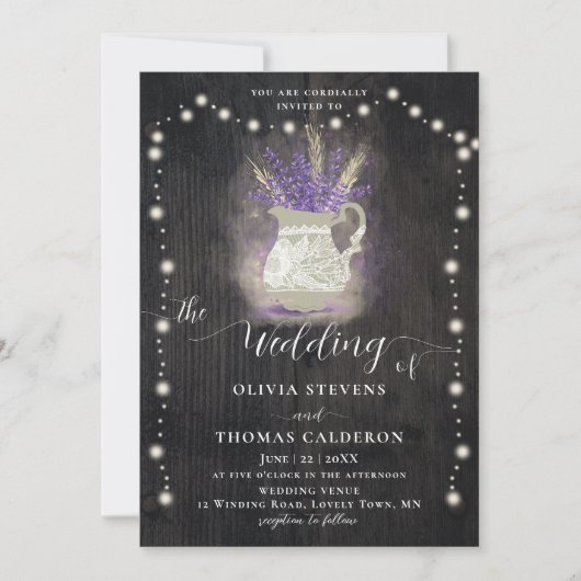 Rustikale Lavendel Blume Pot Wood Lace Light Weddi Einladung (Vorderseite)