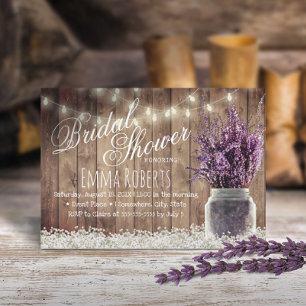 Rustikale Lavendel-Blumen-Mason-Glas-Brautparty Einladung