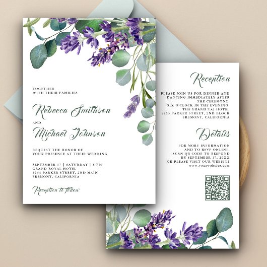 Rustikale Lavendel-Eukalyptus-QR-Code-Hochzeit Einladung