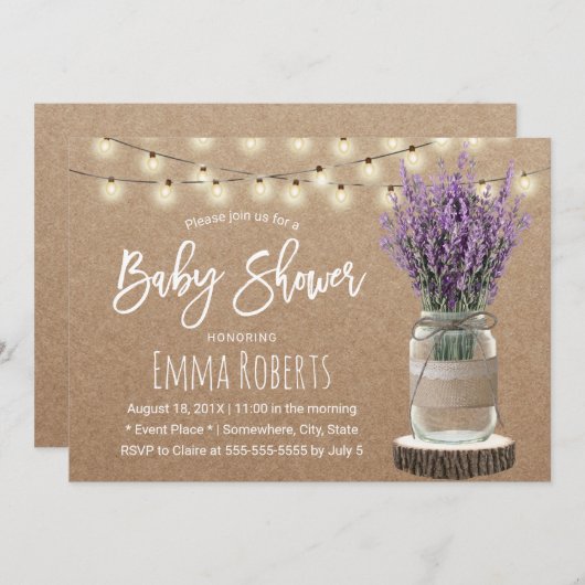 Rustikale Lavendel-Floral Jar Kraft Baby-Dusche Einladung (Vorne/Hinten)