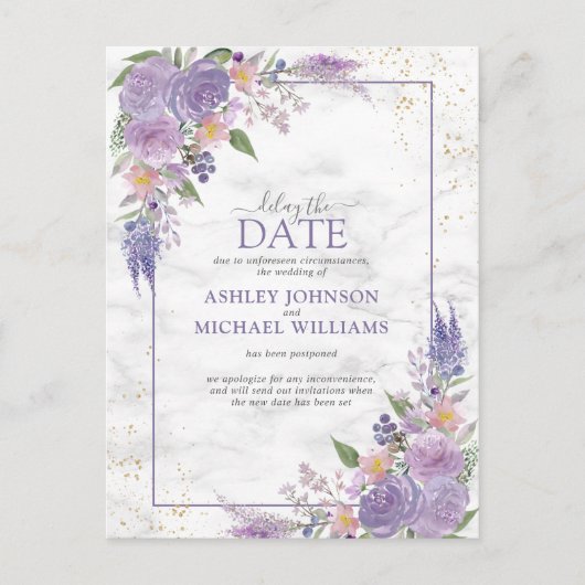 Rustikale Lavendel Lilac Gold Floral Verspätung Da Ankündigungspostkarte (Vorderseite)
