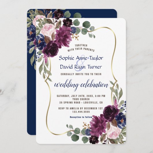 Rustikale Lavendel Navy Gold Blumenzehen Einladung (Vorne/Hinten)