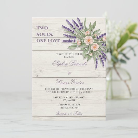 Rustikale Lavendel Rose Einladung Hochzeit (Stehend Vorderseite)