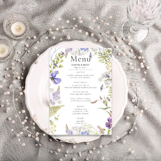 Rustikale Lavendel & Sage Wildblumen Weiße Hochzei Menükarte